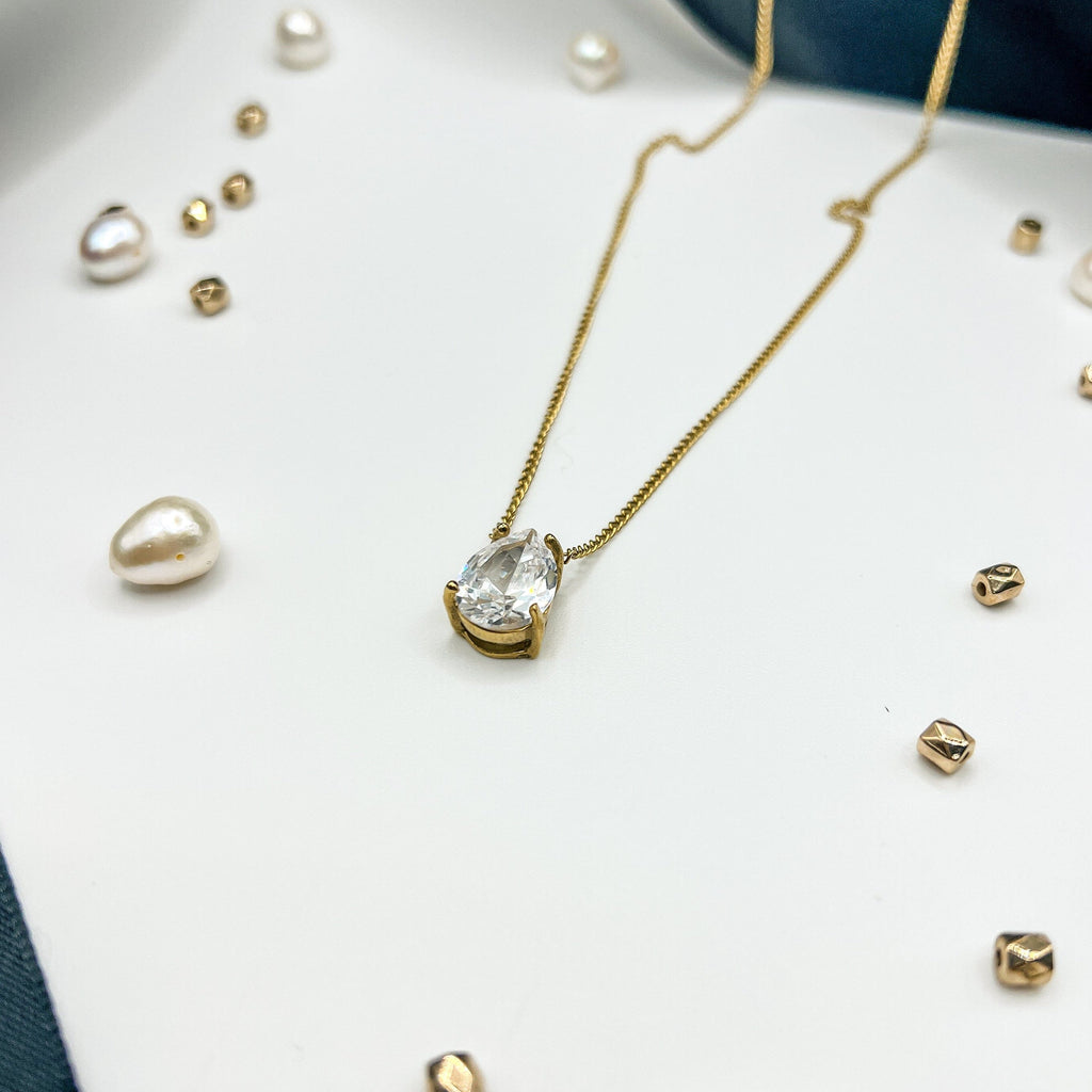 FIONA GRACE Necklaces Teardrop CZ Necklace – Gold Waterproof Solitaire Pendant Necklace