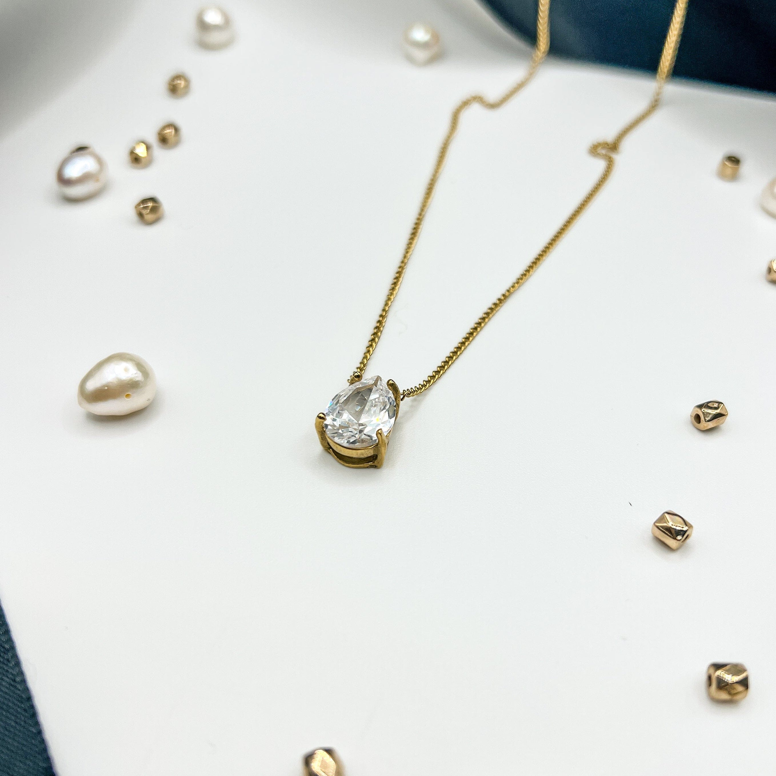 FIONA GRACE Necklaces Teardrop CZ Necklace – Gold Waterproof Solitaire Pendant Necklace