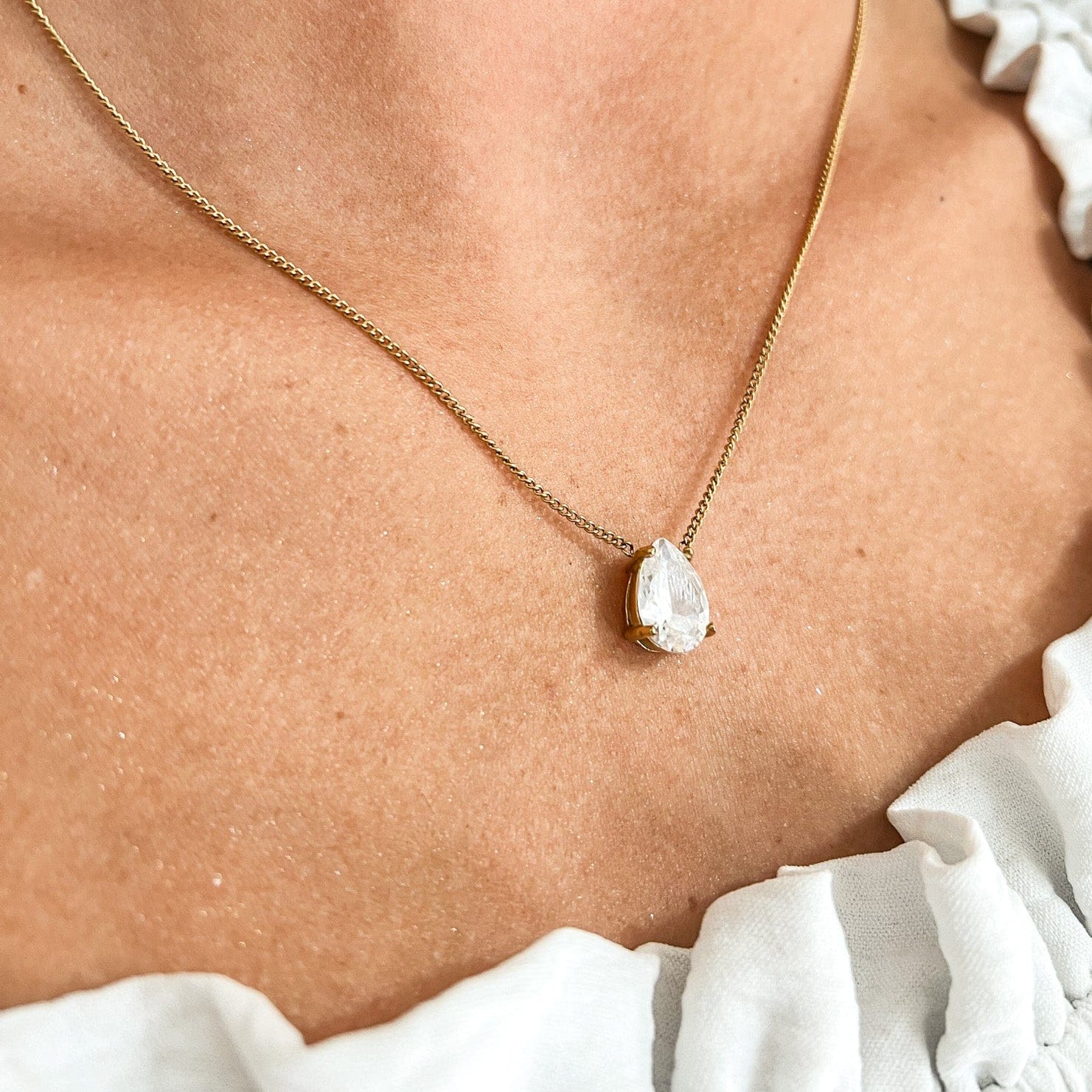 FIONA GRACE Necklaces Teardrop CZ Necklace – Gold Waterproof Solitaire Pendant Necklace