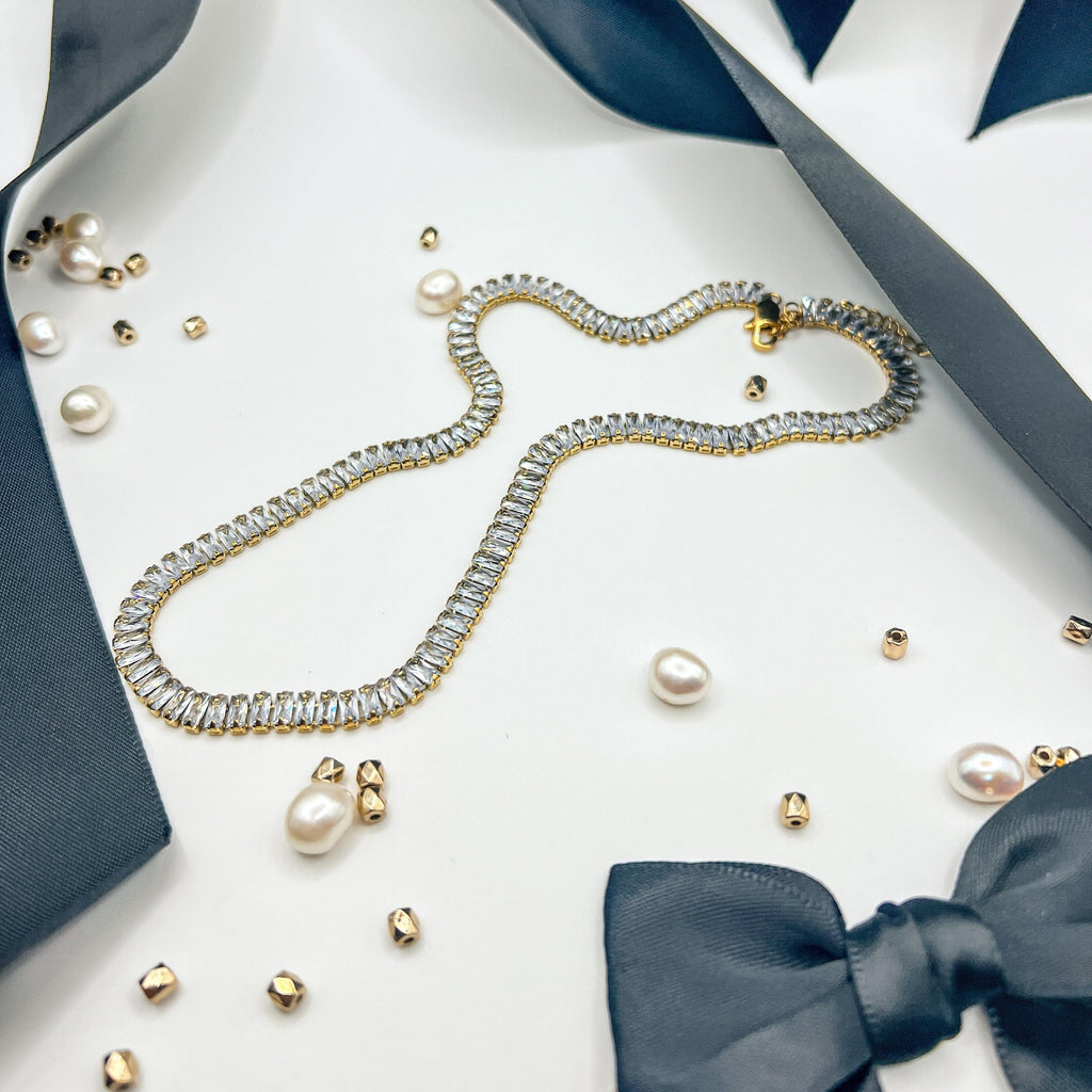 FIONA GRACE Necklaces Tennis Baguette Necklace – Gold Waterproof CZ Statement Necklace