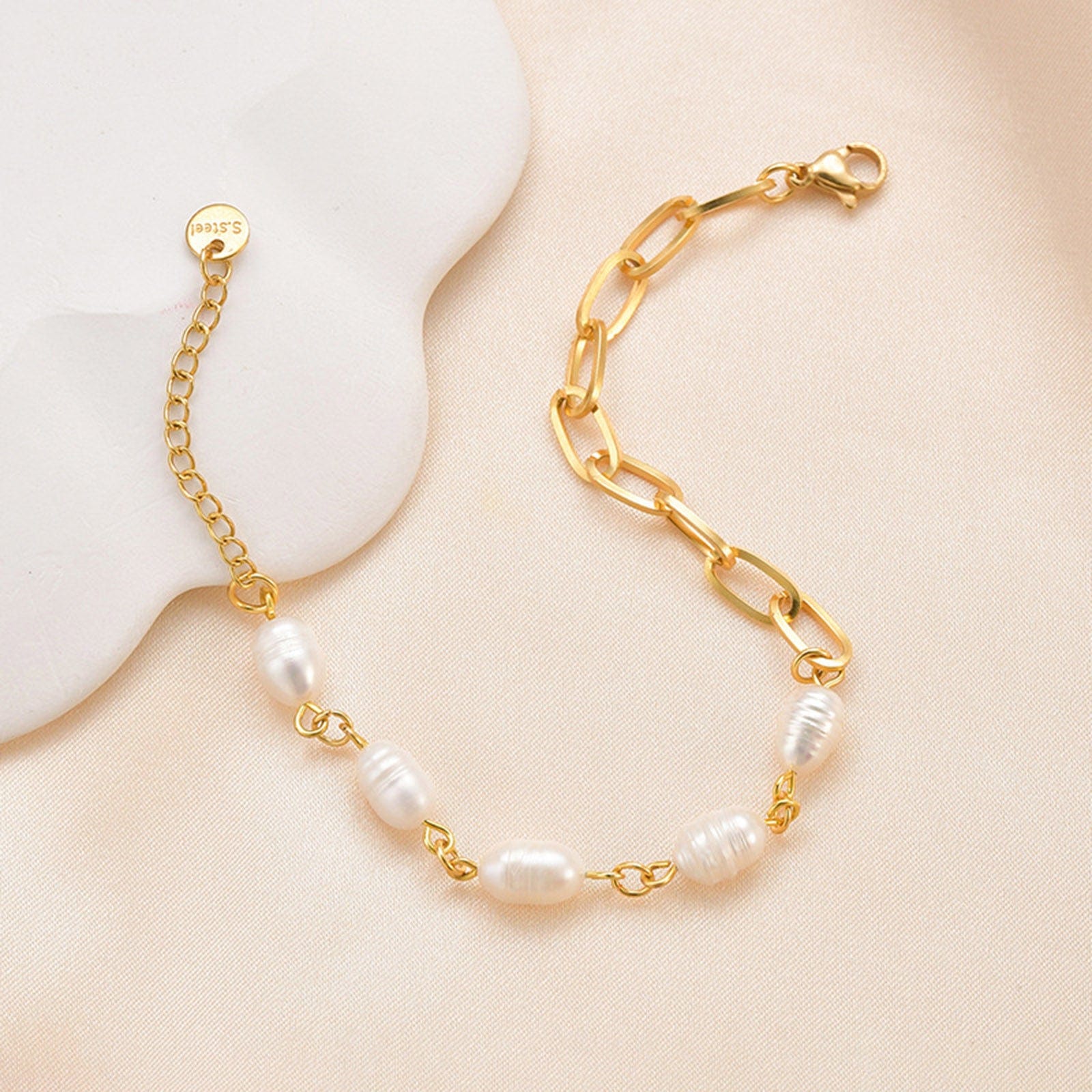 FIONA GRACE Paperclip Chain & Freshwater Pearl Bracelet- Waterproof